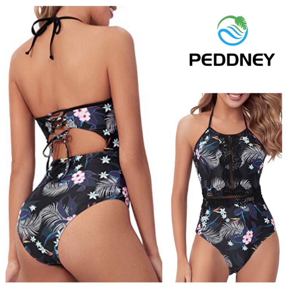 NEW!  Peddney Vintage Lace One-Piece Halter Floral Print Lace Up Back swimsuit